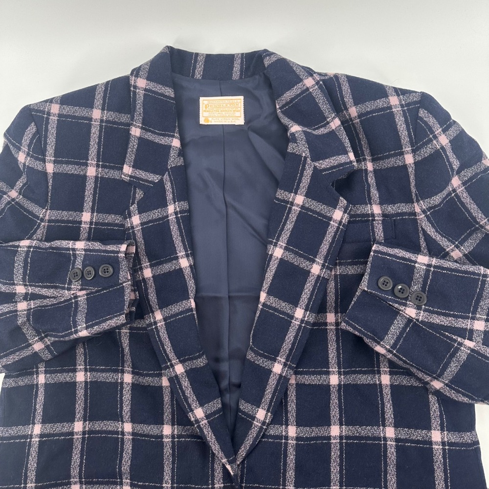 Pendleton Blazer Navy Blue Pink Plaid Wool Blazer Jacket Womens Large‎ 14